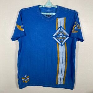 Affliction Shirt Mens 3XL Blue Short Sleeve Tee Distressed Skull Striped